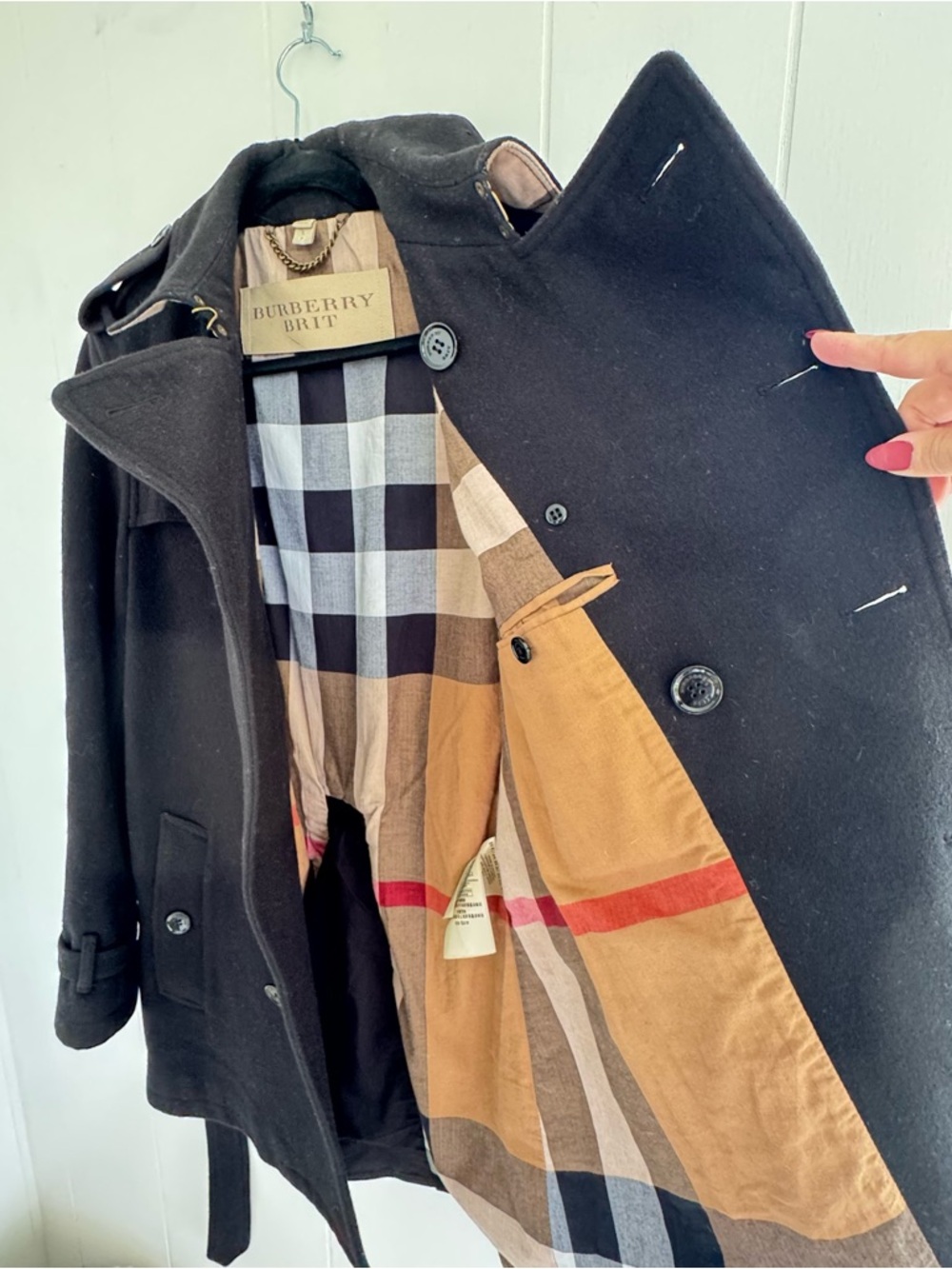 Burberry Brit Black Double-Breasted Wool Trench Coat with Belt - Picture 11 of 13